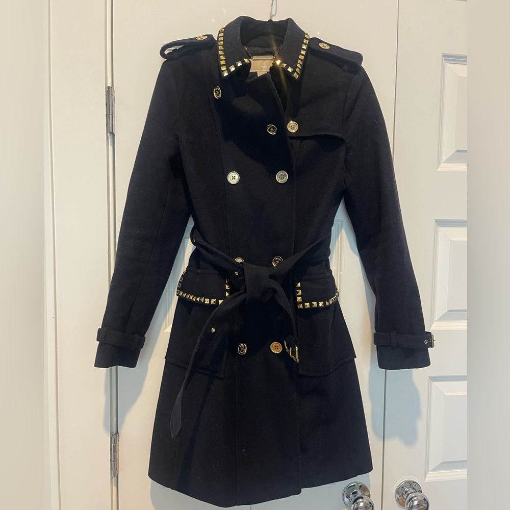 Michael Kors Navy Wood Trench Coat with Gold Studs